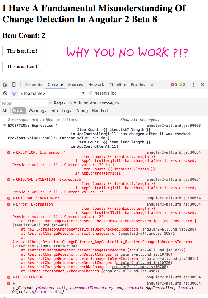 I have a fundamental misunderstanding of change detection in Angular 2 Beta 8.