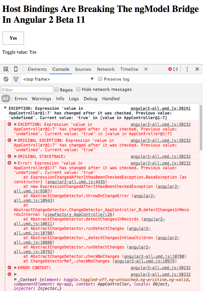 Host bindings, that depend on input values, break the ngModel bridge in Angular 2 Beta 11.