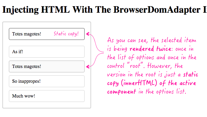 Injecting innerHTML using the BrowserDomAdapter service in Angular 2 Beta 9.