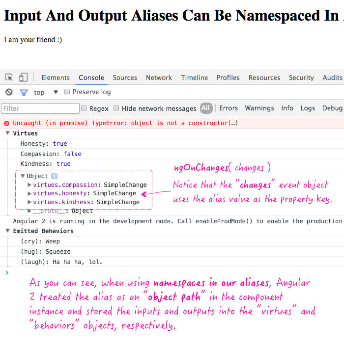Input and Output aliases can be namespaced in Angular 2 Beta 14.