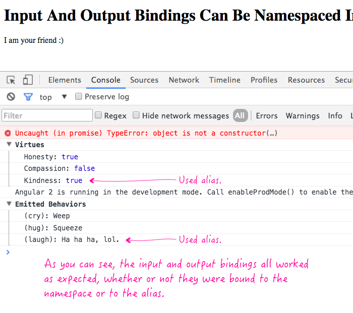 Input and Output bindings can be namespaced in Angular 2 beta 14.