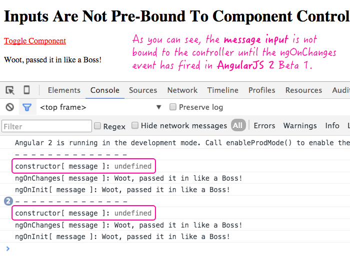 Inputs are not pre-bound to the component controllers in AngularJS 2 Beta 1.