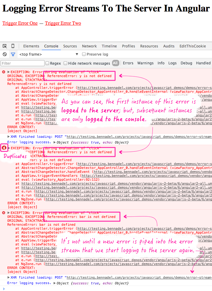 Logging error streams to the server in Angular 2 Beta 6.