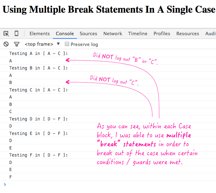 Using multiple break statements inside a single case block in JavaScript.