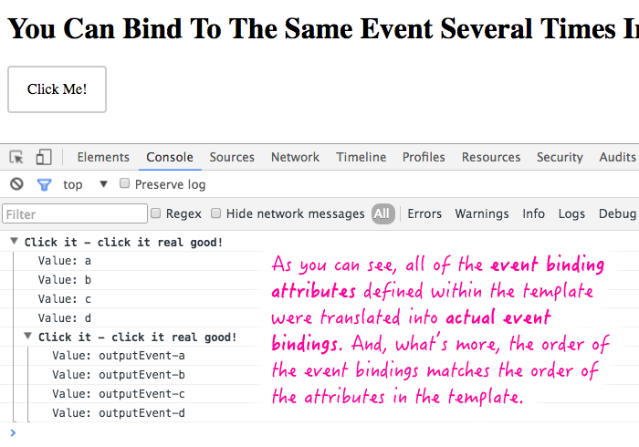 Multiple event bindings in the span of a single element in Angular 2 Beta 17.