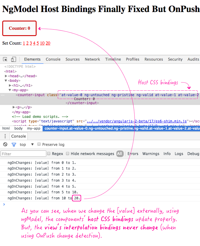 ngModel host bindings finally working in Angular 2 Beta 17; but, there is a regression in OnPush change detection.