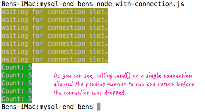 Call .end() on the node.js MySQL driver connection object.