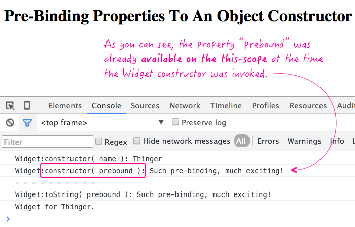 Pre-binding properties to an object constructor in JavaScript.