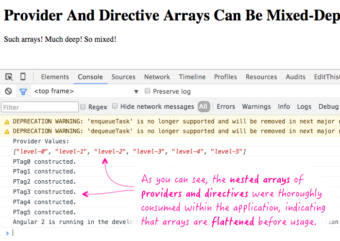 Provider and directive arrays are flattened before they are consumed in Angular2.