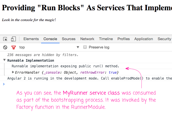 Implementing run blocks in Angular 2 as services that implement a Runnable interface.
