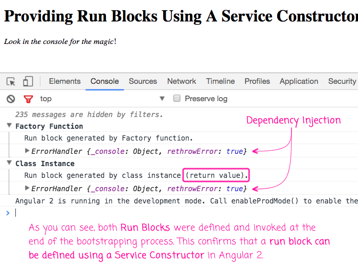 Run blocks defined using service constructors in Angular 2.