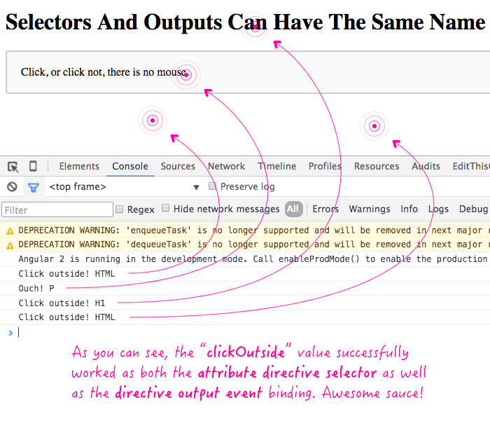 Selectors and output events can have the same name as of Angular 2 Beta 6.