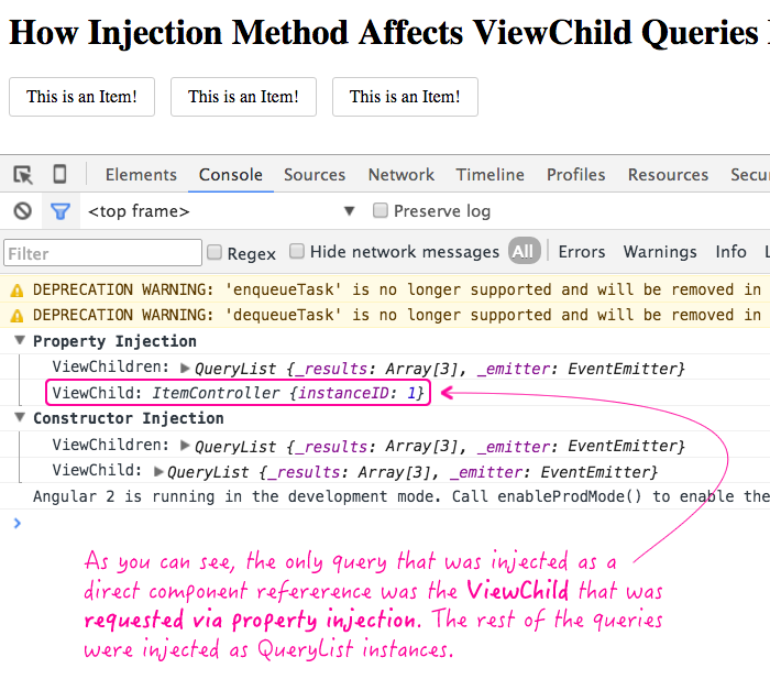 ViewChild resolution is affected by injection method in Angular 2 Beta 8.
