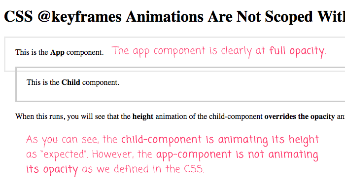 CSS @keyframes animations are not scoped to a component with emulated view encapsulation in Angular 4.4.6.