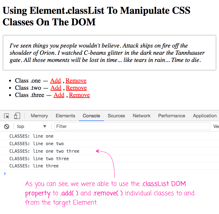 DOM Element .classList property helps manipulate CSS class names.