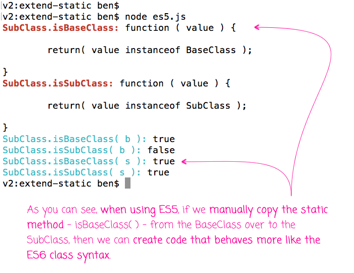 Mimic ES6 class functionality by manually copying static methods in ES5.