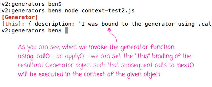 Changing the execution context of a Generator in JavaScript and Node.js.