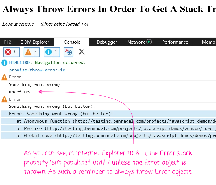 IE 10 and 11 only populate the .stack property of an Error object when it's thrown.