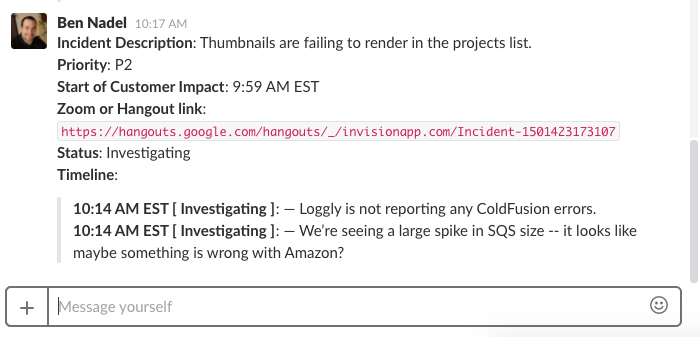 Incident Commander formatted Slack message with auto-corrected EST timezone dates.