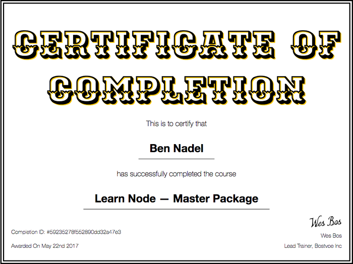 Learn Node video course certificate of completion from Wes Bos.