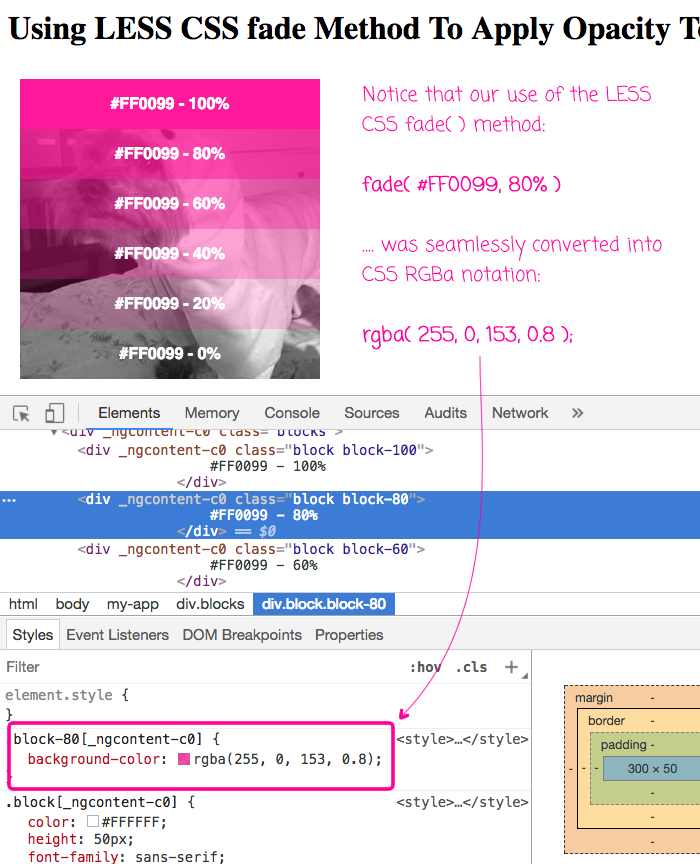 Using fade() in LESS CSS to apply opacity to a HEX value.