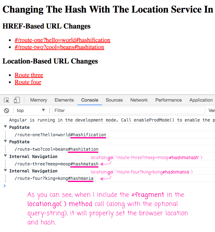 Changing the application url hash / fragment using the location service in Angular 4.