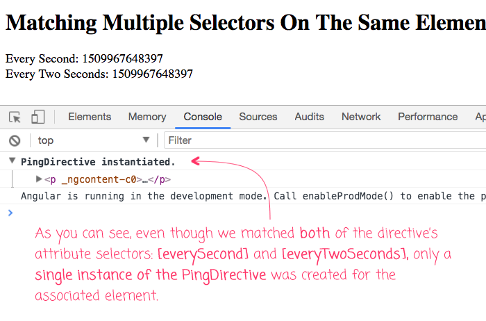 Multiple selector matches on a single element leads to only a single Directive instance.