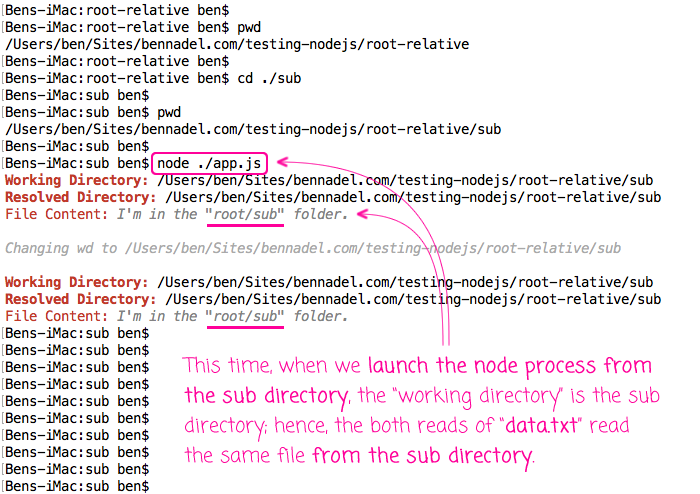 File paths are relative to the working directory in Node.js.