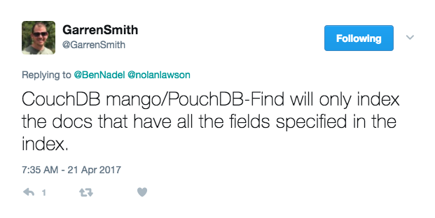 PouchDB tweet by Garren Smith.