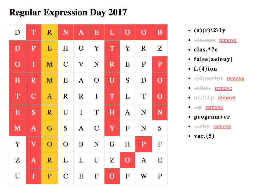 RegEx Day 2017 game - pattern search in Angular 4.1.3.