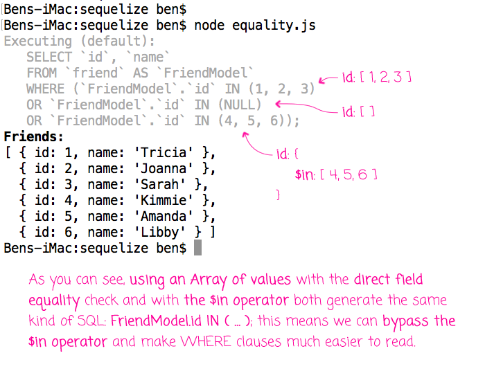 Using arrays with direct field comparison in Sequelize ORM in Node.js.