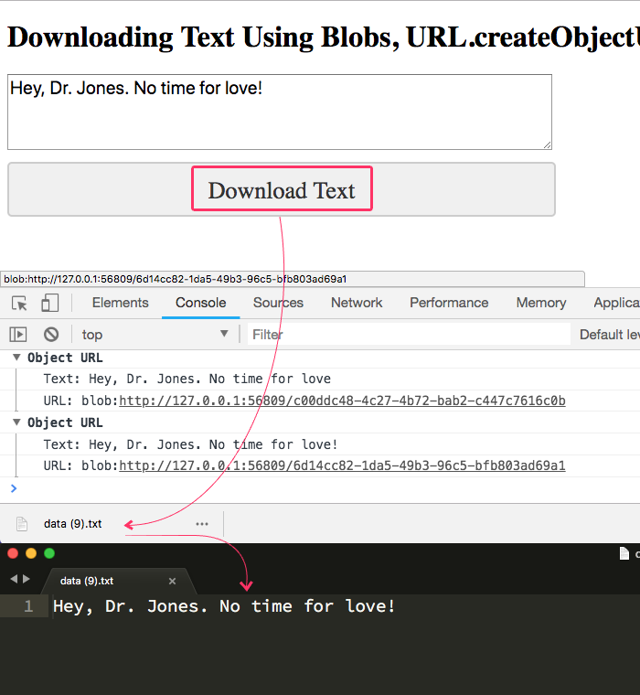 Download text as Blob URI with URL.createObjectURL().