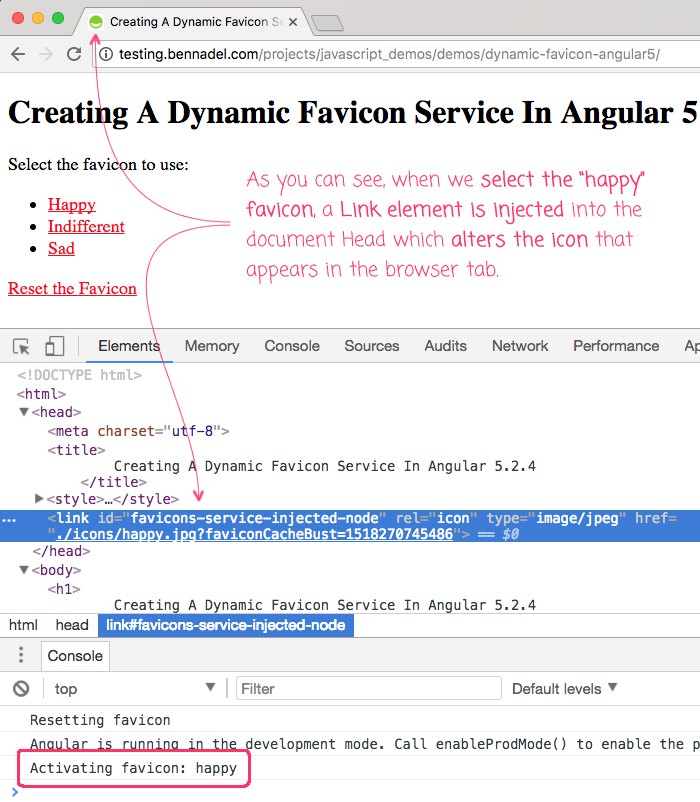 Dynamic favicons in an Angular 5.2.4 application.