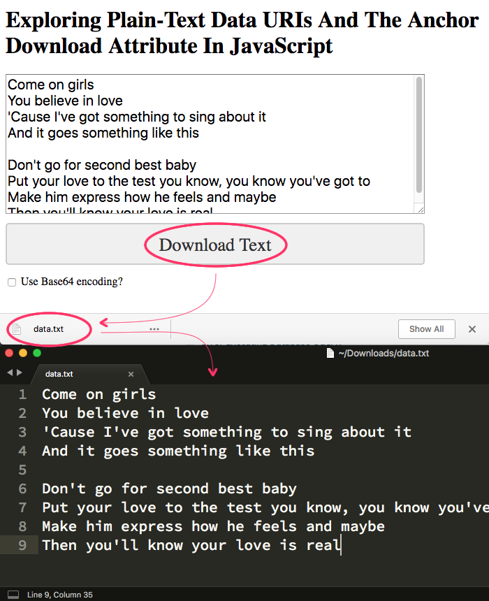 Downloading plain text files on the client-side using the anchor href and download attributes with Data URIs.