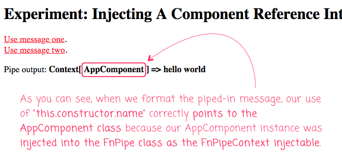 Injecting component references into a Pipe in Angular 6.0.0.