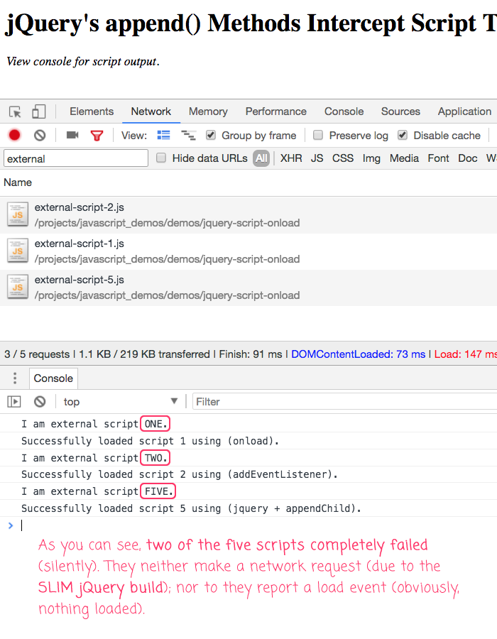 jQuery intercepts Script tag injection and re-routes control flow through an AJAX request.