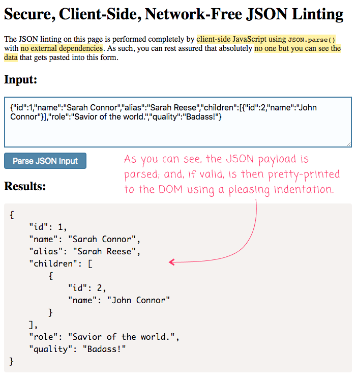 JSON Linting tool that is open-source, secure, client-side, and network-free.