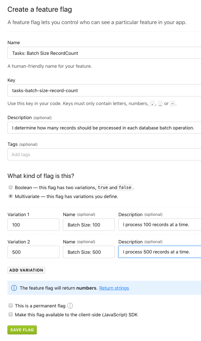 Creating a multivariate feature flag in LaunchDarkly for batch size operations.