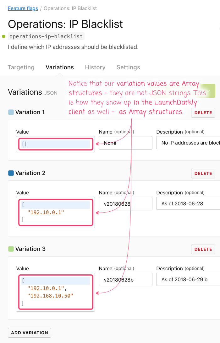 Setting up a LaunchDarkly feature flag with native JSON Type support for Arrays and Objects.