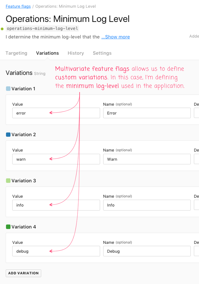 LaunchDarkly multivariate feature flags with custom string values.
