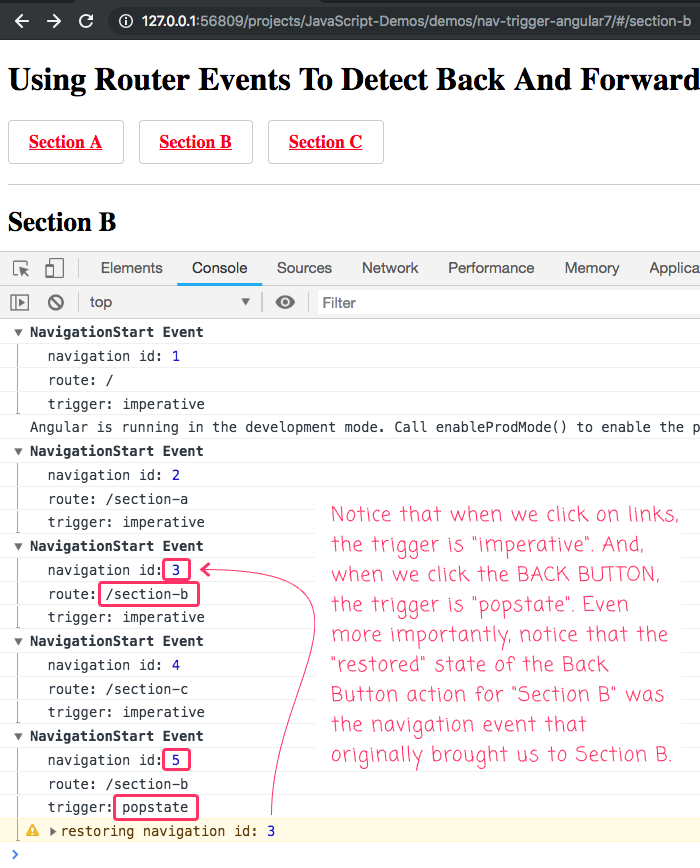 Detecting navigation triggers (imperitive vs. back button) using the NavigationStart event in the Angular Router.