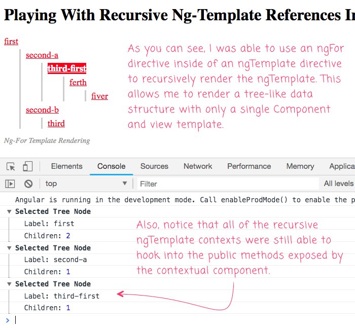 We can use ng-template and ng-for to recrusively render a view partial in Angular 6.1.10.