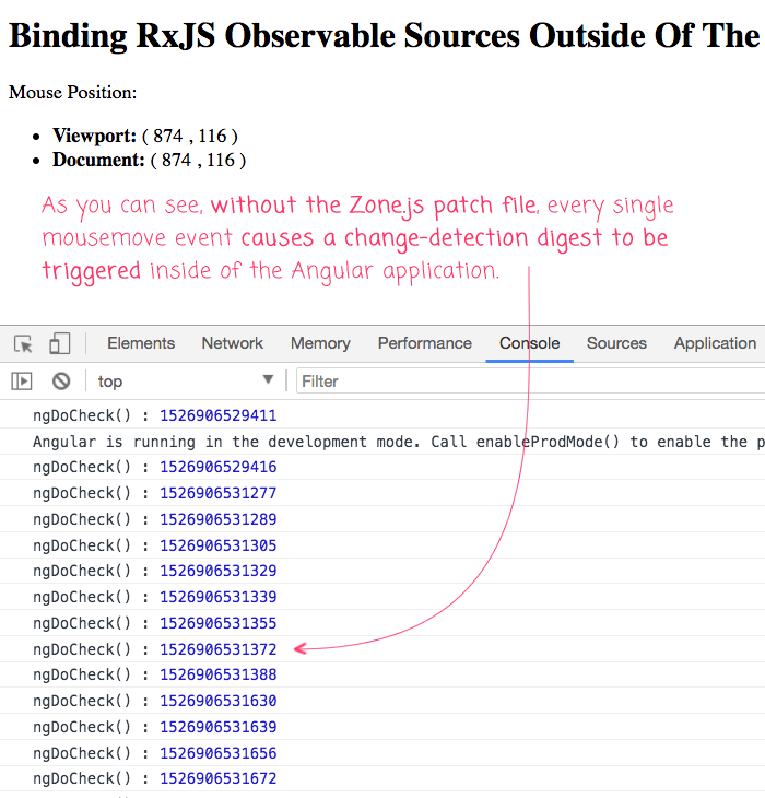 Zone.js patch for RxJS allows RxJS to run outside of the Angular Zone.