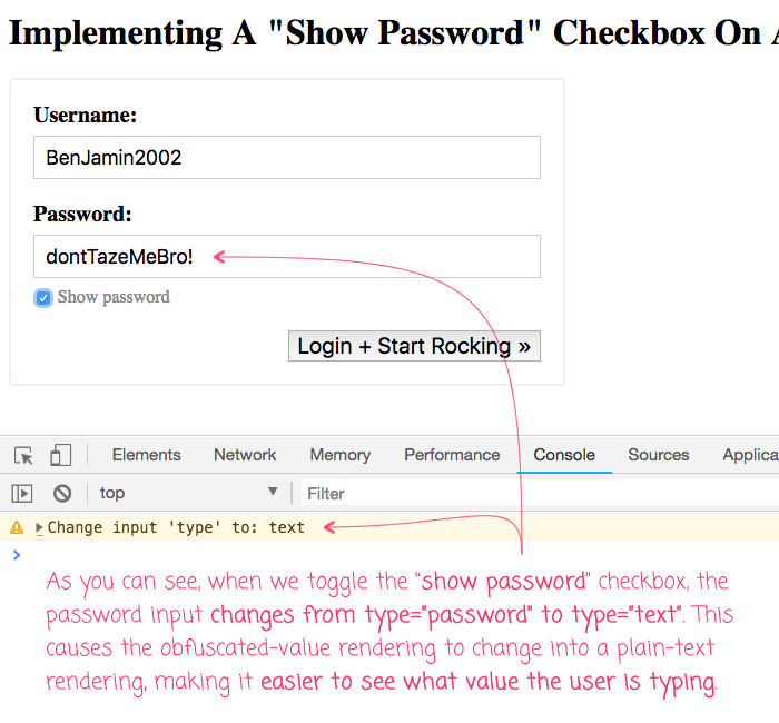 Implementing a show password checkbox on a login form in JavaScript.
