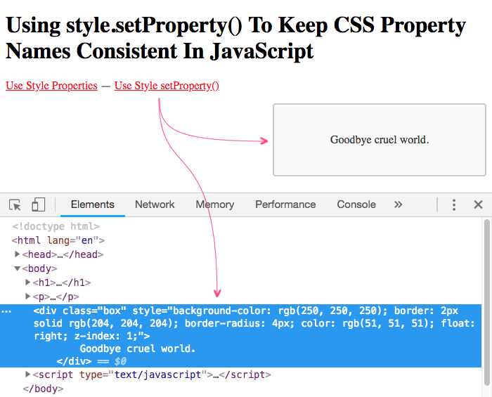 Using the .setProperty() method in JavaScript to set CSS property values, consistently with your CSS files.