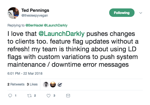 Ted Pennings tweet about operational feature flags in LaunchDarkly.