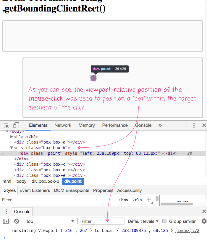 Translating click events into element-local positioned coordinates.