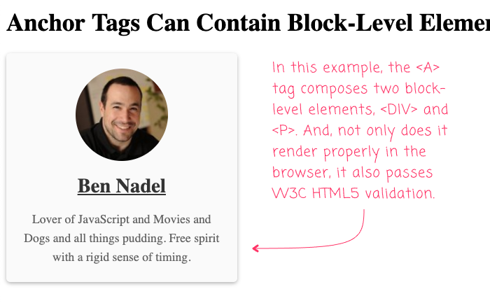 User Card that is made of an Anchor tag containing block-level elements in HTML5.