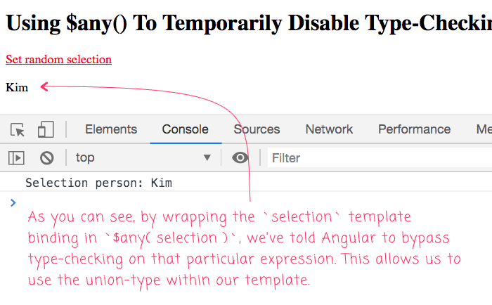 The AoT compiler will bypass template type-checking if a binding is wrapping in $any() in Angular 9.0.0-rc.4.