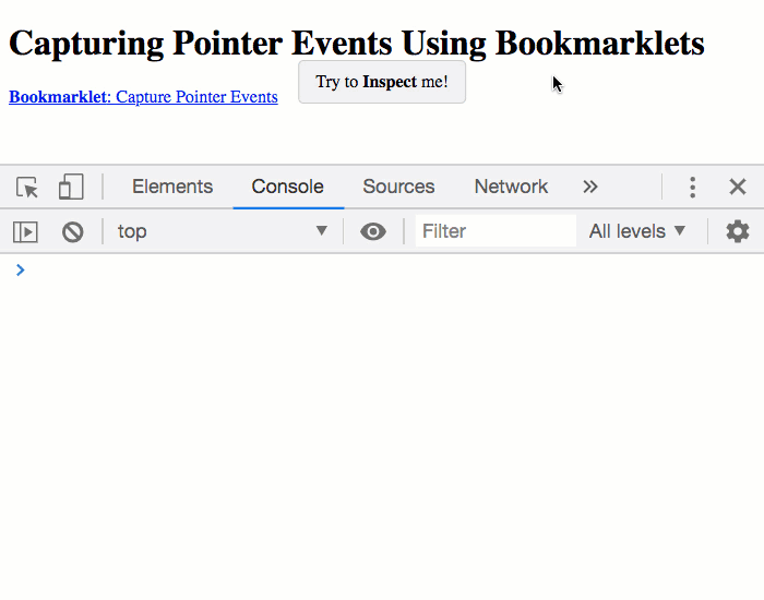 An element with pointer-events disabled can be inspected after bookmarklet is applied.